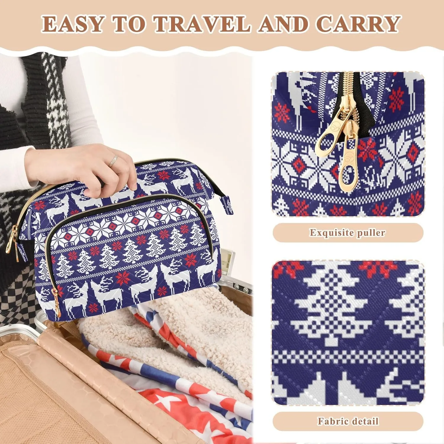 Women Wave Quilt Cosmetic Bag, Storage Pouch Handbag Makeup Case Zipper Toiletry Purse Holder Organizer 10.2x5.9x6.7 in Christmas White Reindeers Trees Norwegian Sweater Style