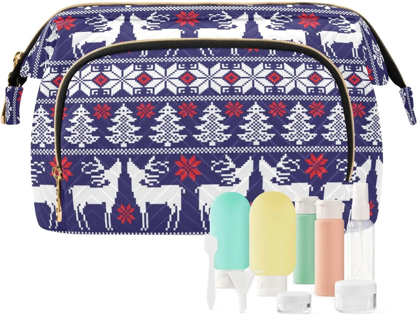 Women Wave Quilt Cosmetic Bag, Storage Pouch Handbag Makeup Case Zipper Toiletry Purse Holder Organizer 10.2x5.9x6.7 in Christmas White Reindeers Trees Norwegian Sweater Style