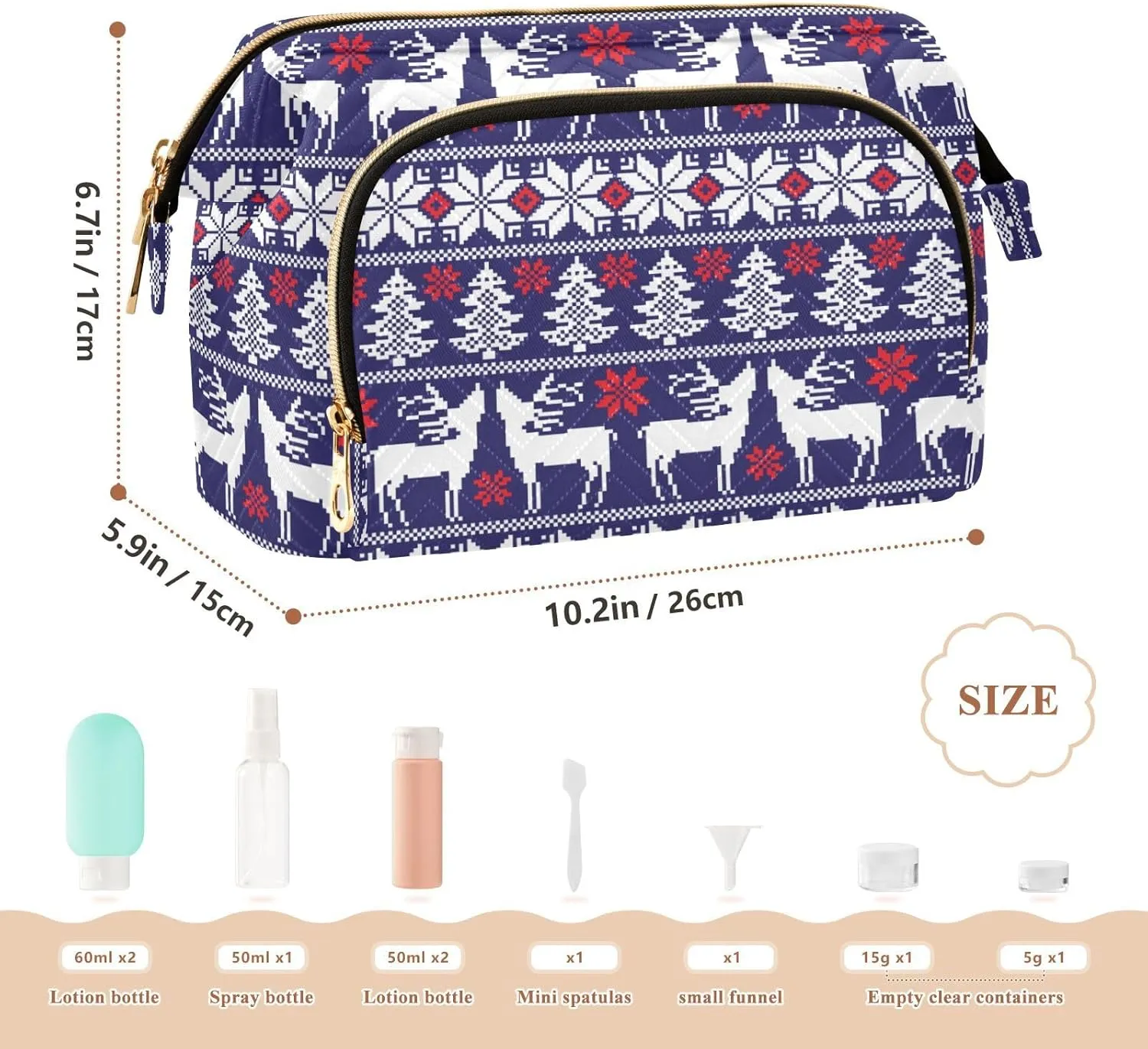Women Wave Quilt Cosmetic Bag, Storage Pouch Handbag Makeup Case Zipper Toiletry Purse Holder Organizer 10.2x5.9x6.7 in Christmas White Reindeers Trees Norwegian Sweater Style