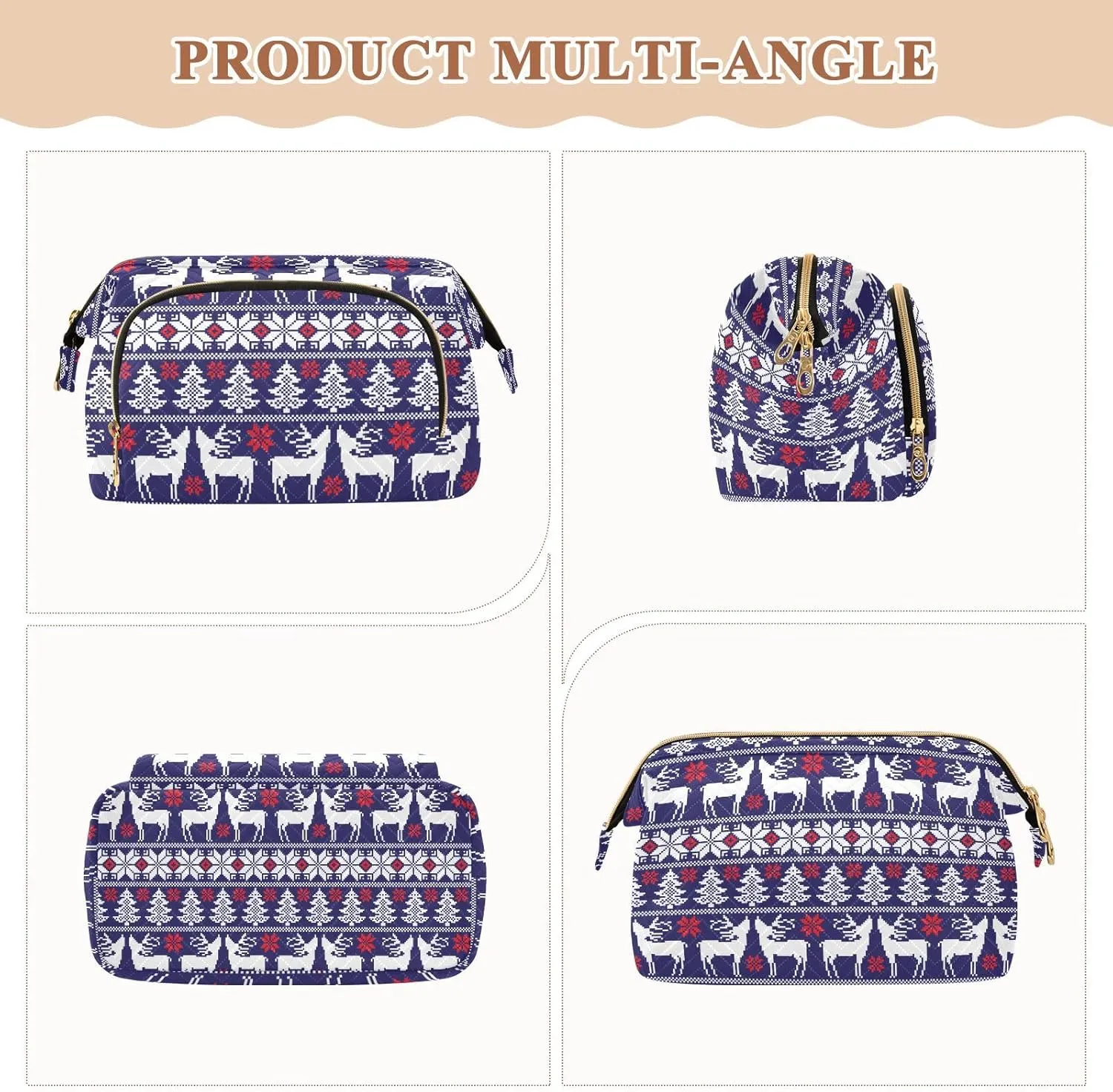 Women Wave Quilt Cosmetic Bag, Storage Pouch Handbag Makeup Case Zipper Toiletry Purse Holder Organizer 10.2x5.9x6.7 in Christmas White Reindeers Trees Norwegian Sweater Style