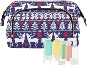 Women Wave Quilt Cosmetic Bag, Storage Pouch Handbag Makeup Case Zipper Toiletry Purse Holder Organizer 10.2x5.9x6.7 in Christmas White Reindeers Trees Norwegian Sweater Style