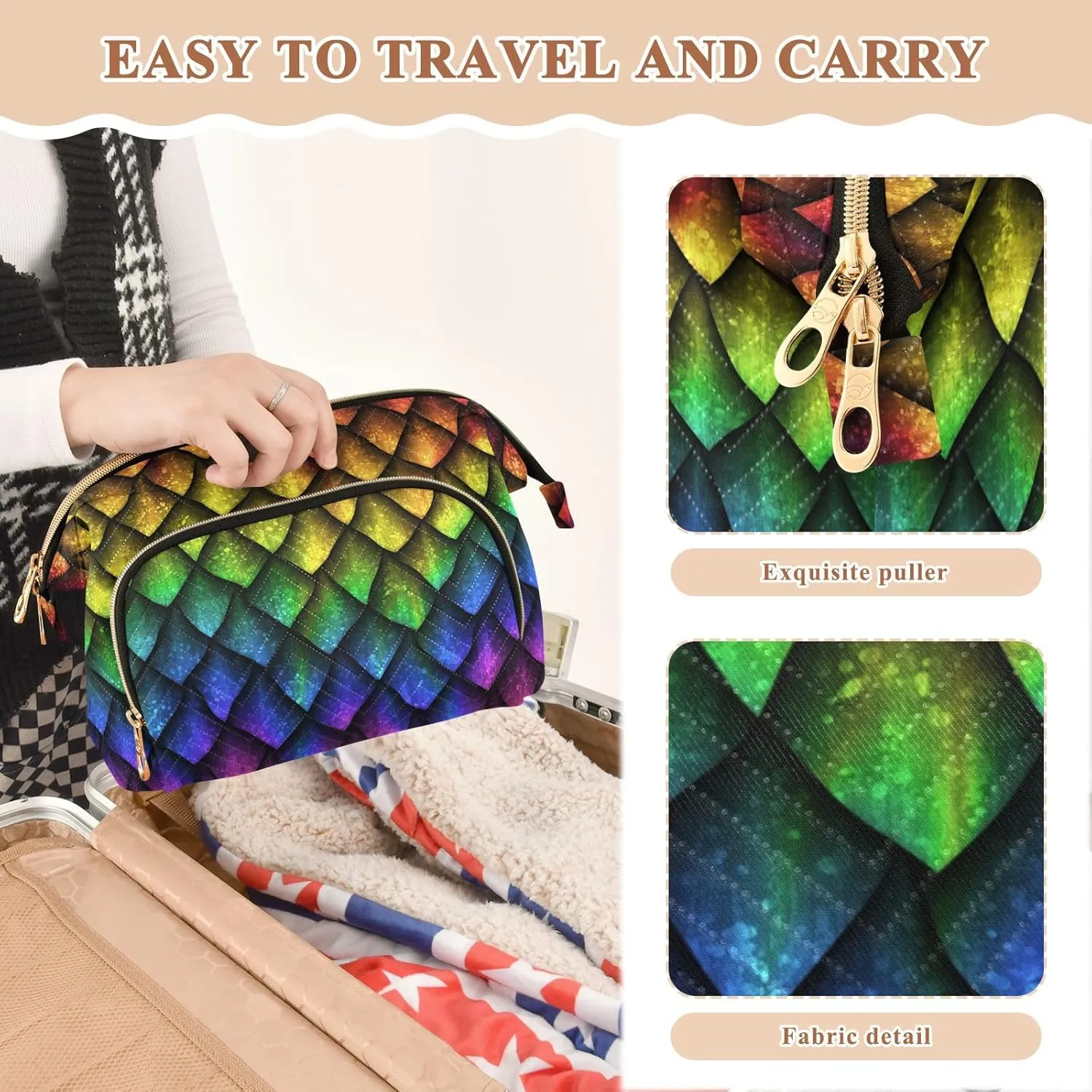 Women Wave Quilt Cosmetic Bag, Storage Pouch Handbag Makeup Case Zipper Toiletry Purse Holder Organizer 10.2x5.9x6.7 in Colorful Dragon Scales Rainbow Colored Reptile Skin Texture