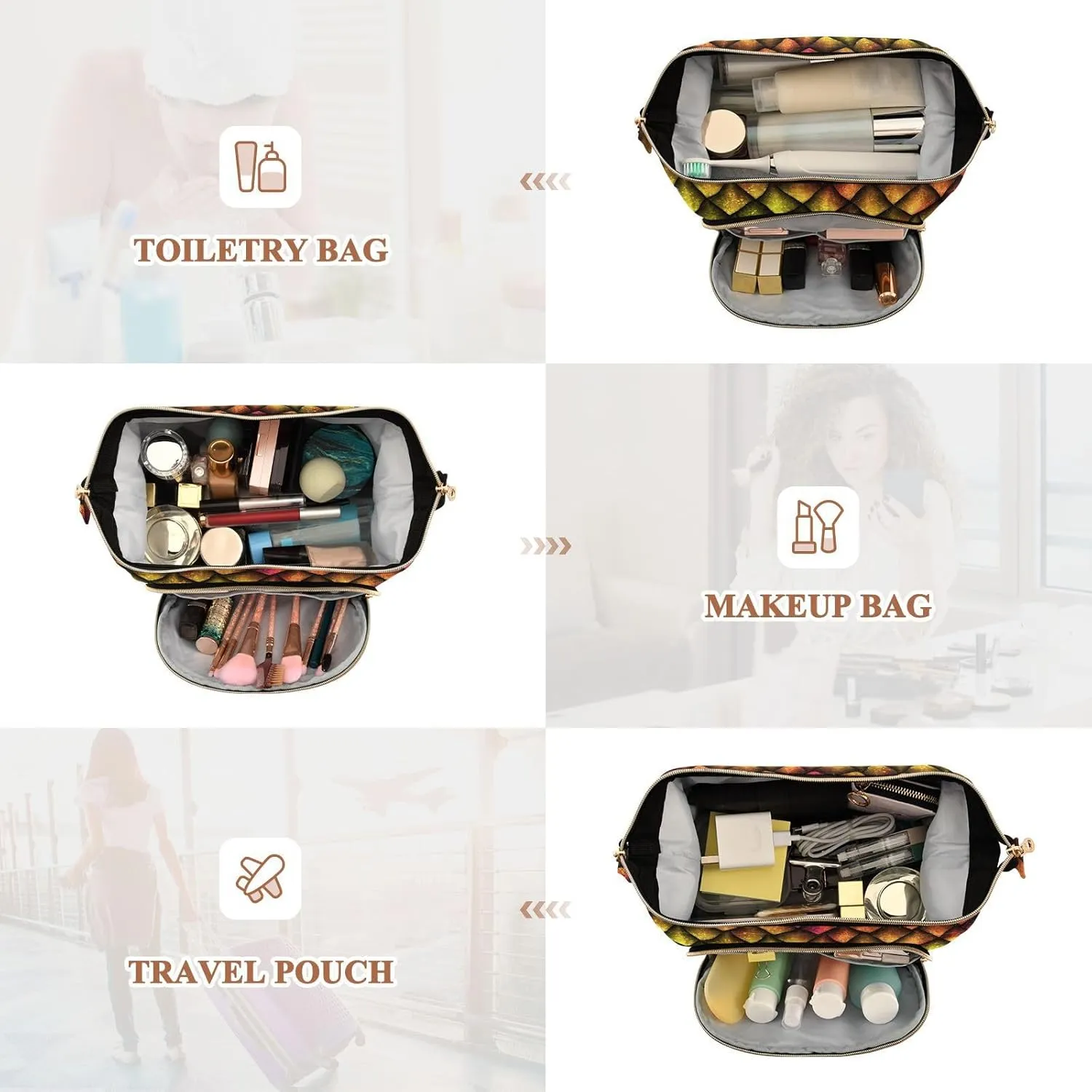 Women Wave Quilt Cosmetic Bag, Storage Pouch Handbag Makeup Case Zipper Toiletry Purse Holder Organizer 10.2x5.9x6.7 in Colorful Dragon Scales Rainbow Colored Reptile Skin Texture