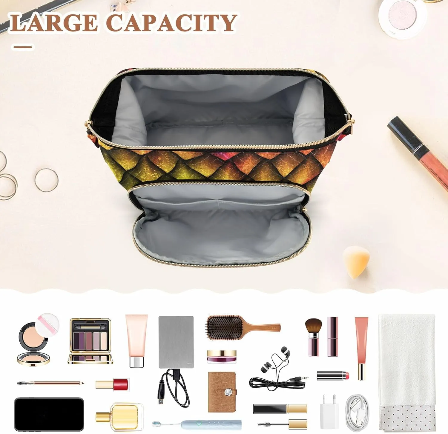 Women Wave Quilt Cosmetic Bag, Storage Pouch Handbag Makeup Case Zipper Toiletry Purse Holder Organizer 10.2x5.9x6.7 in Colorful Dragon Scales Rainbow Colored Reptile Skin Texture