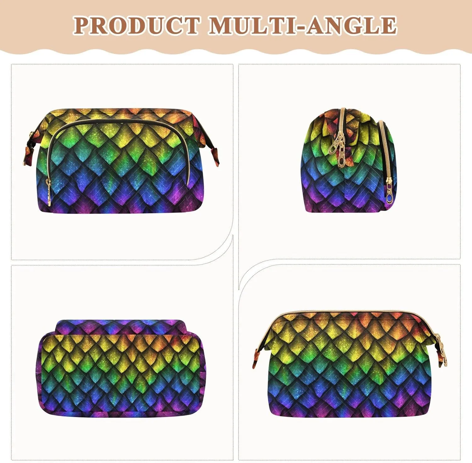 Women Wave Quilt Cosmetic Bag, Storage Pouch Handbag Makeup Case Zipper Toiletry Purse Holder Organizer 10.2x5.9x6.7 in Colorful Dragon Scales Rainbow Colored Reptile Skin Texture