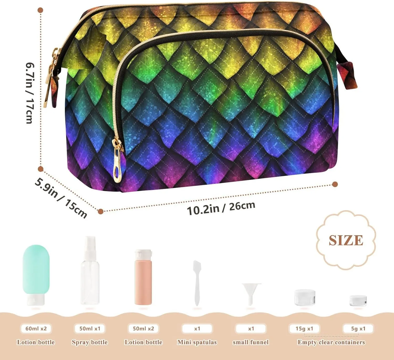 Women Wave Quilt Cosmetic Bag, Storage Pouch Handbag Makeup Case Zipper Toiletry Purse Holder Organizer 10.2x5.9x6.7 in Colorful Dragon Scales Rainbow Colored Reptile Skin Texture