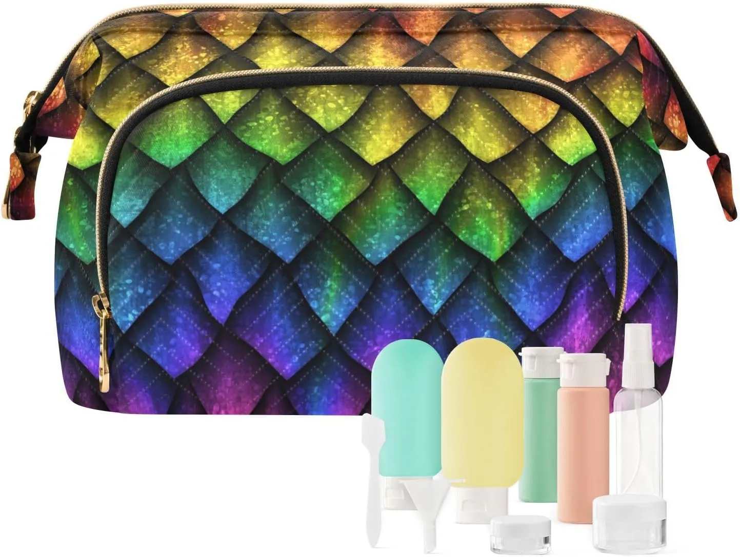 Women Wave Quilt Cosmetic Bag, Storage Pouch Handbag Makeup Case Zipper Toiletry Purse Holder Organizer 10.2x5.9x6.7 in Colorful Dragon Scales Rainbow Colored Reptile Skin Texture