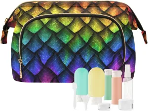 Women Wave Quilt Cosmetic Bag, Storage Pouch Handbag Makeup Case Zipper Toiletry Purse Holder Organizer 10.2x5.9x6.7 in Colorful Dragon Scales Rainbow Colored Reptile Skin Texture