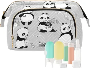 Women Wave Quilt Cosmetic Bag, Storage Pouch Handbag Makeup Case Zipper Toiletry Purse Holder Organizer 10.2x5.9x6.7 in Cute Pandas with Umbrella Balloon Kettle