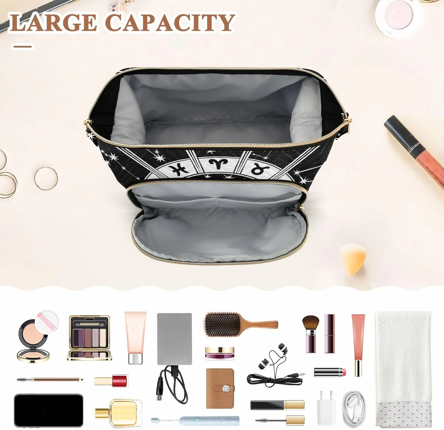 Women Wave Quilt Cosmetic Bag, Storage Pouch Handbag Makeup Case Zipper Toiletry Purse Holder Organizer 10.2x5.9x6.7 in Horoscope Circle with Zodiac Signs Sun Moon Stars Black White