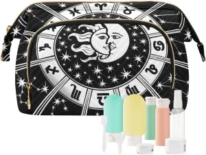 Women Wave Quilt Cosmetic Bag, Storage Pouch Handbag Makeup Case Zipper Toiletry Purse Holder Organizer 10.2x5.9x6.7 in Horoscope Circle with Zodiac Signs Sun Moon Stars Black White