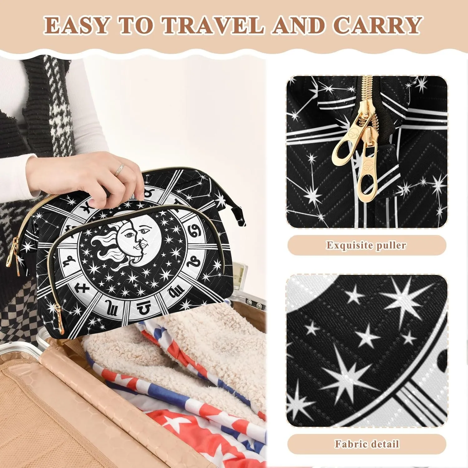 Women Wave Quilt Cosmetic Bag, Storage Pouch Handbag Makeup Case Zipper Toiletry Purse Holder Organizer 10.2x5.9x6.7 in Horoscope Circle with Zodiac Signs Sun Moon Stars Black White