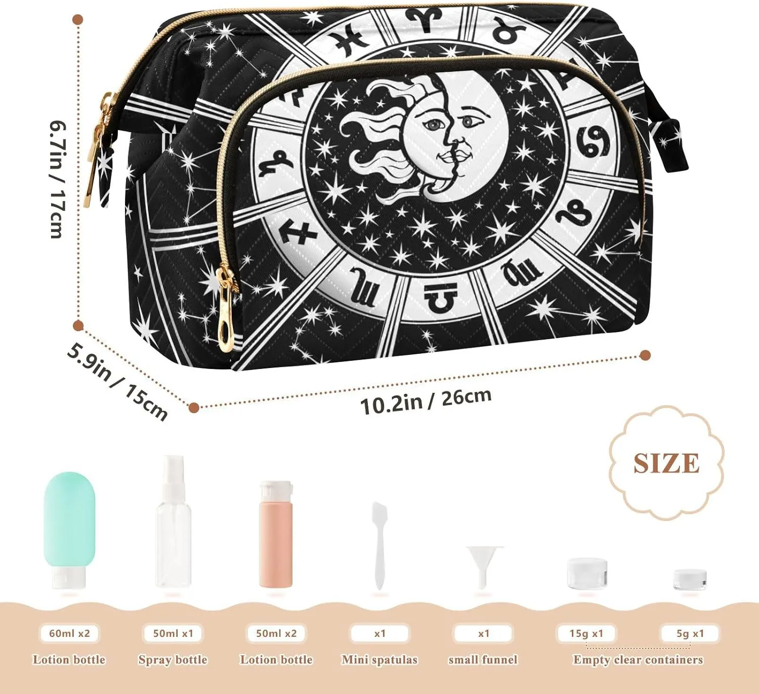 Women Wave Quilt Cosmetic Bag, Storage Pouch Handbag Makeup Case Zipper Toiletry Purse Holder Organizer 10.2x5.9x6.7 in Horoscope Circle with Zodiac Signs Sun Moon Stars Black White
