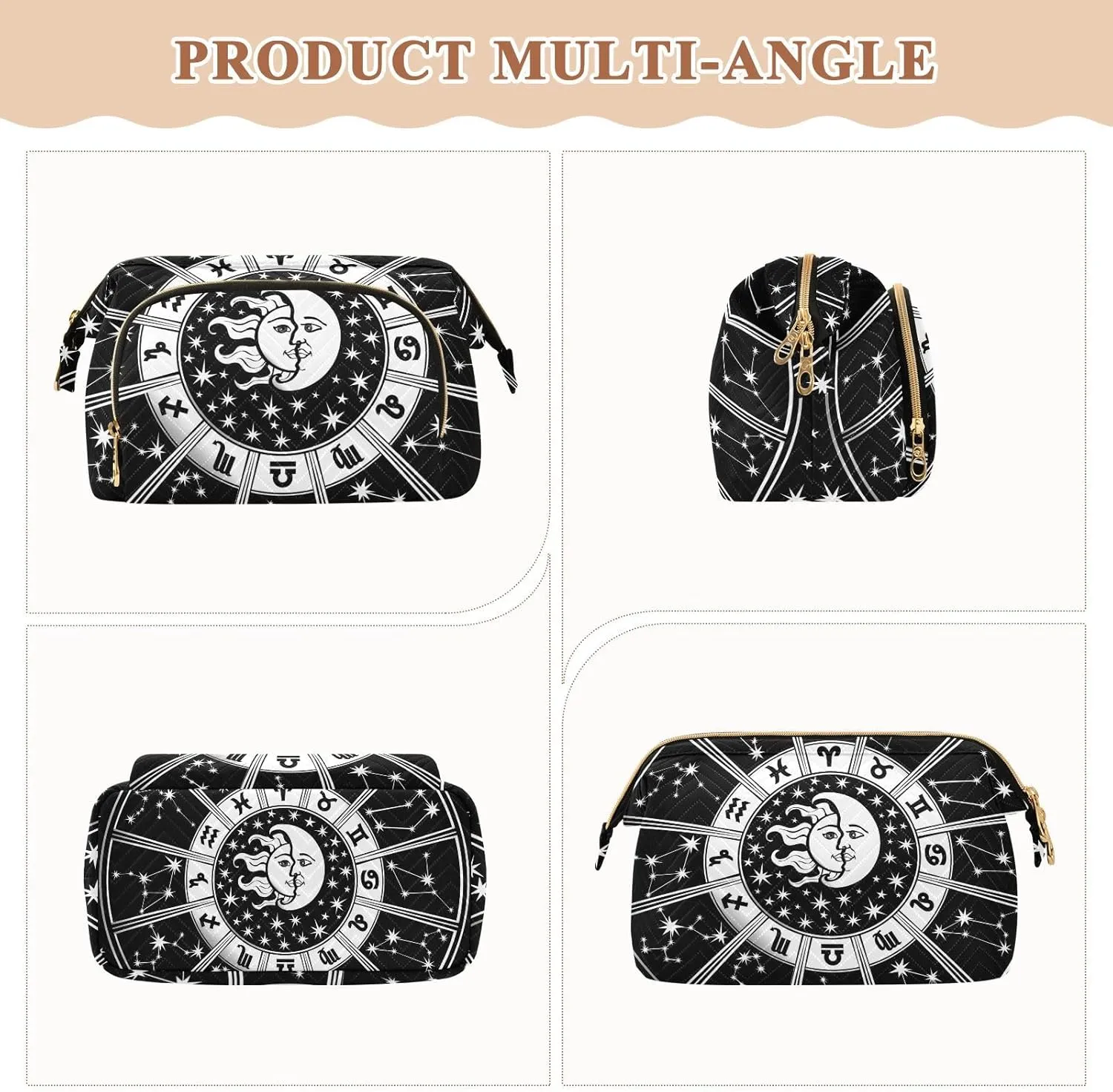 Women Wave Quilt Cosmetic Bag, Storage Pouch Handbag Makeup Case Zipper Toiletry Purse Holder Organizer 10.2x5.9x6.7 in Horoscope Circle with Zodiac Signs Sun Moon Stars Black White