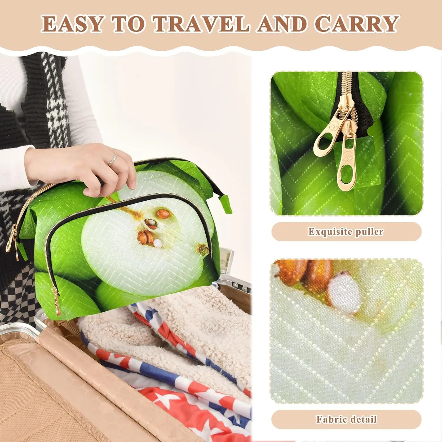 Women Wave Quilt Cosmetic Bag, Storage Pouch Handbag Makeup Case Zipper Toiletry Purse Holder Organizer 10.2x5.9x6.7 in Organic Green Juicy Apples Texture