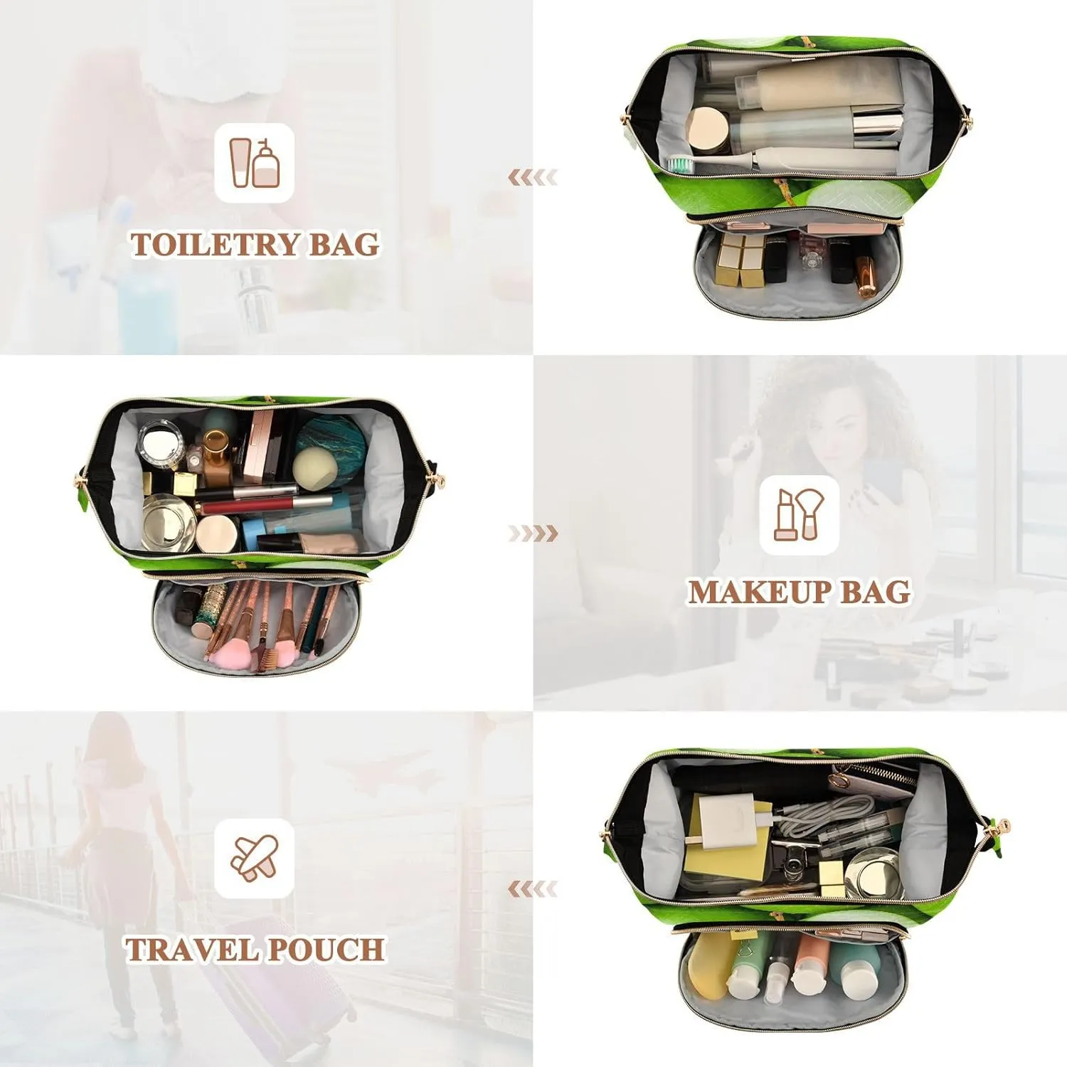Women Wave Quilt Cosmetic Bag, Storage Pouch Handbag Makeup Case Zipper Toiletry Purse Holder Organizer 10.2x5.9x6.7 in Organic Green Juicy Apples Texture