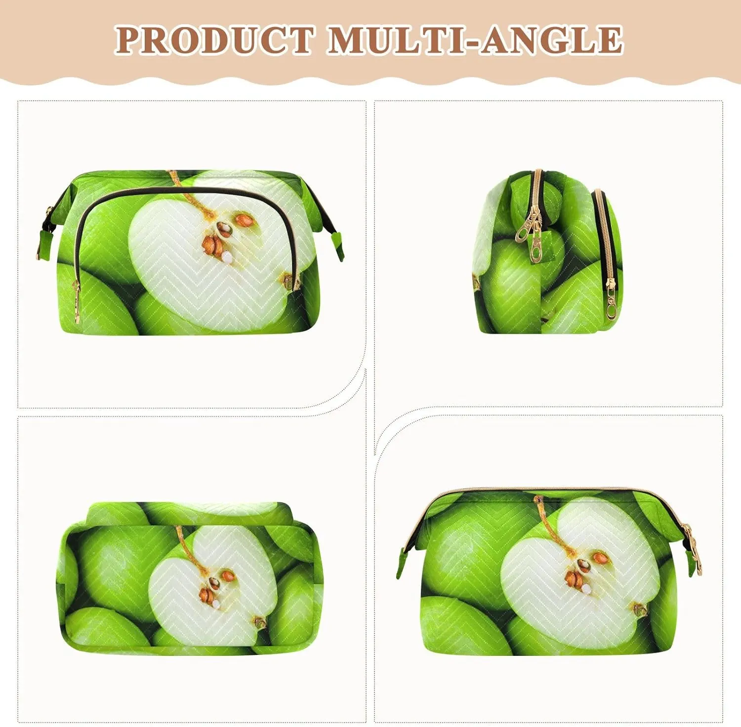 Women Wave Quilt Cosmetic Bag, Storage Pouch Handbag Makeup Case Zipper Toiletry Purse Holder Organizer 10.2x5.9x6.7 in Organic Green Juicy Apples Texture