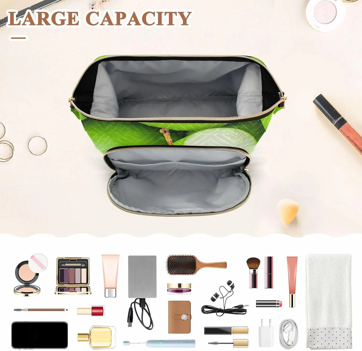 Women Wave Quilt Cosmetic Bag, Storage Pouch Handbag Makeup Case Zipper Toiletry Purse Holder Organizer 10.2x5.9x6.7 in Organic Green Juicy Apples Texture