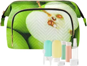 Women Wave Quilt Cosmetic Bag, Storage Pouch Handbag Makeup Case Zipper Toiletry Purse Holder Organizer 10.2x5.9x6.7 in Organic Green Juicy Apples Texture