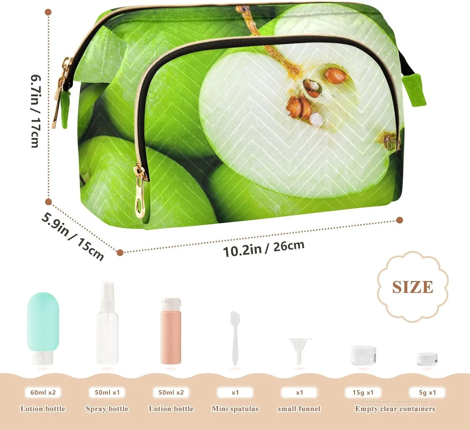 Women Wave Quilt Cosmetic Bag, Storage Pouch Handbag Makeup Case Zipper Toiletry Purse Holder Organizer 10.2x5.9x6.7 in Organic Green Juicy Apples Texture