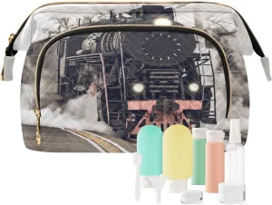 Women Wave Quilt Cosmetic Bag, Storage Pouch Handbag Makeup Case Zipper Toiletry Purse Holder Organizer 10.2x5.9x6.7 in Retro Steam Train Departs From the Station with Smoke