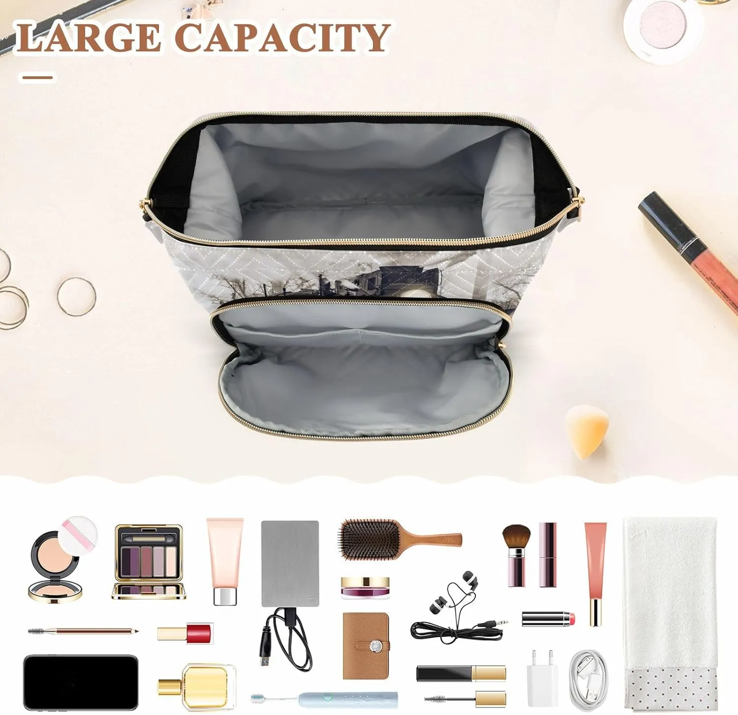 Women Wave Quilt Cosmetic Bag, Storage Pouch Handbag Makeup Case Zipper Toiletry Purse Holder Organizer 10.2x5.9x6.7 in Retro Steam Train Departs From the Station with Smoke