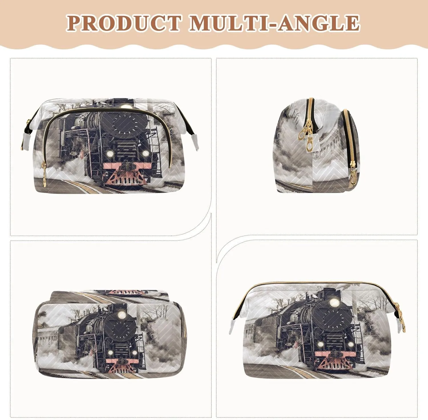 Women Wave Quilt Cosmetic Bag, Storage Pouch Handbag Makeup Case Zipper Toiletry Purse Holder Organizer 10.2x5.9x6.7 in Retro Steam Train Departs From the Station with Smoke