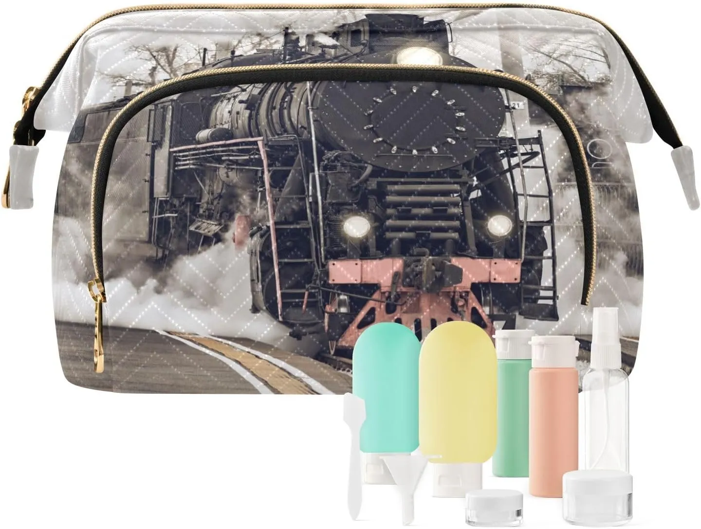 Women Wave Quilt Cosmetic Bag, Storage Pouch Handbag Makeup Case Zipper Toiletry Purse Holder Organizer 10.2x5.9x6.7 in Retro Steam Train Departs From the Station with Smoke