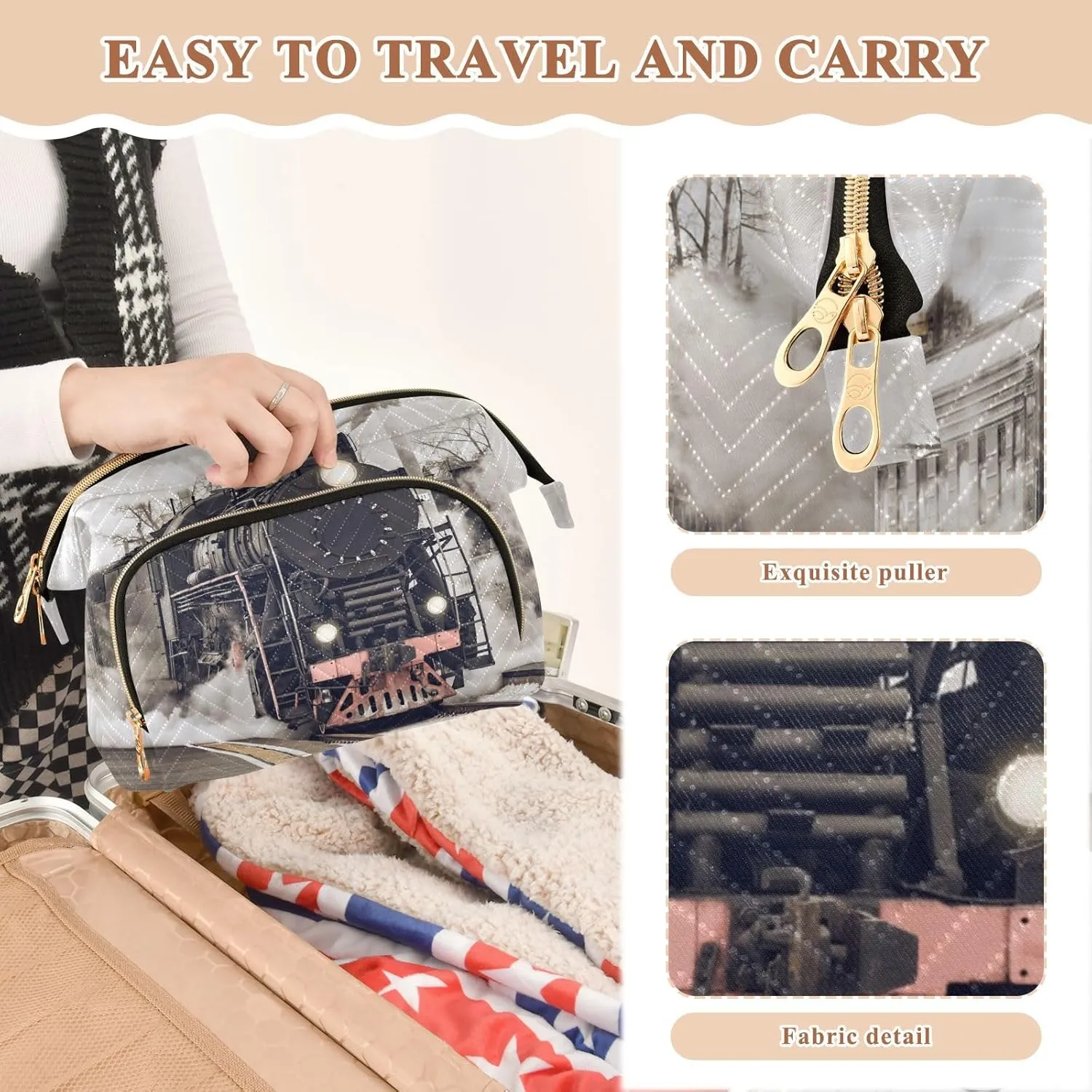Women Wave Quilt Cosmetic Bag, Storage Pouch Handbag Makeup Case Zipper Toiletry Purse Holder Organizer 10.2x5.9x6.7 in Retro Steam Train Departs From the Station with Smoke
