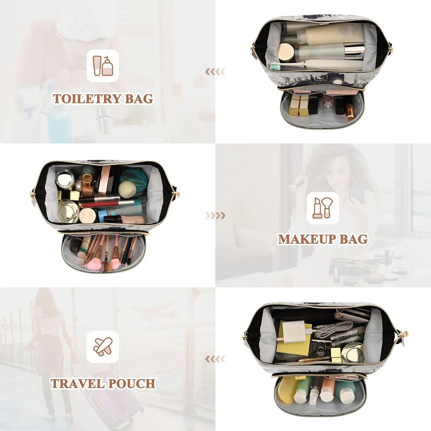 Women Wave Quilt Cosmetic Bag, Storage Pouch Handbag Makeup Case Zipper Toiletry Purse Holder Organizer 10.2x5.9x6.7 in Retro Steam Train Departs From the Station with Smoke