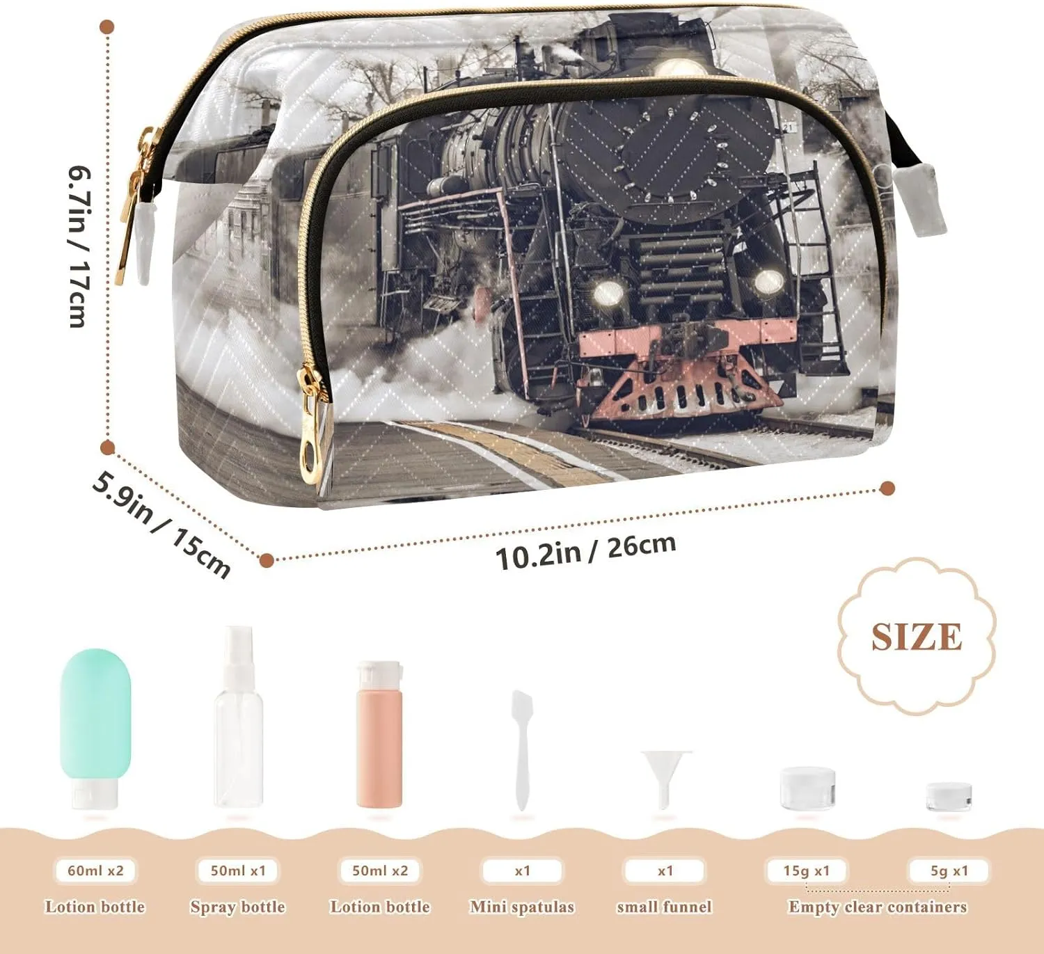 Women Wave Quilt Cosmetic Bag, Storage Pouch Handbag Makeup Case Zipper Toiletry Purse Holder Organizer 10.2x5.9x6.7 in Retro Steam Train Departs From the Station with Smoke