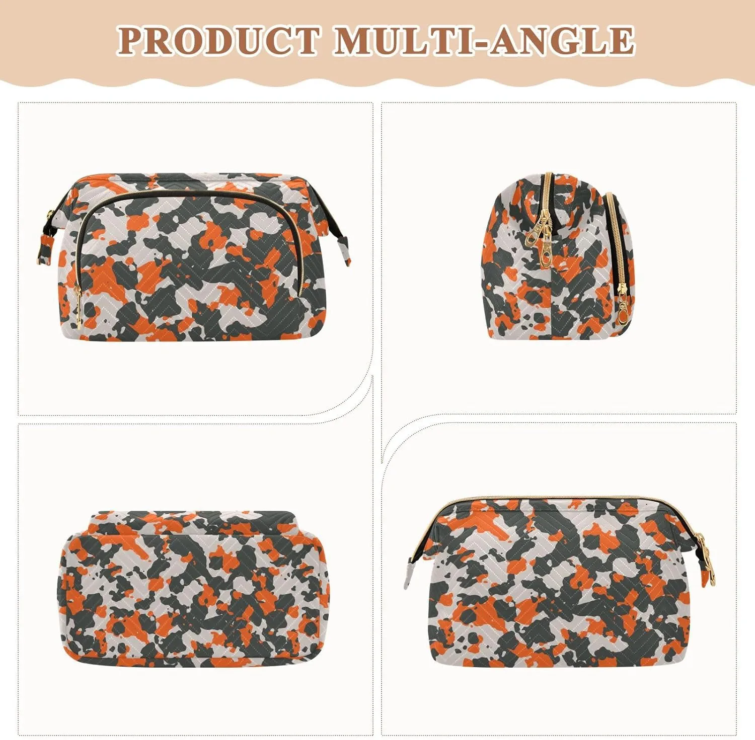 Women Wave Quilt Cosmetic Bag, Storage Pouch Handbag Makeup Case Zipper Toiletry Purse Holder Organizer 10.2x5.9x6.7 in Seamless Camo Black Gray and Orange Camouflage Pattern