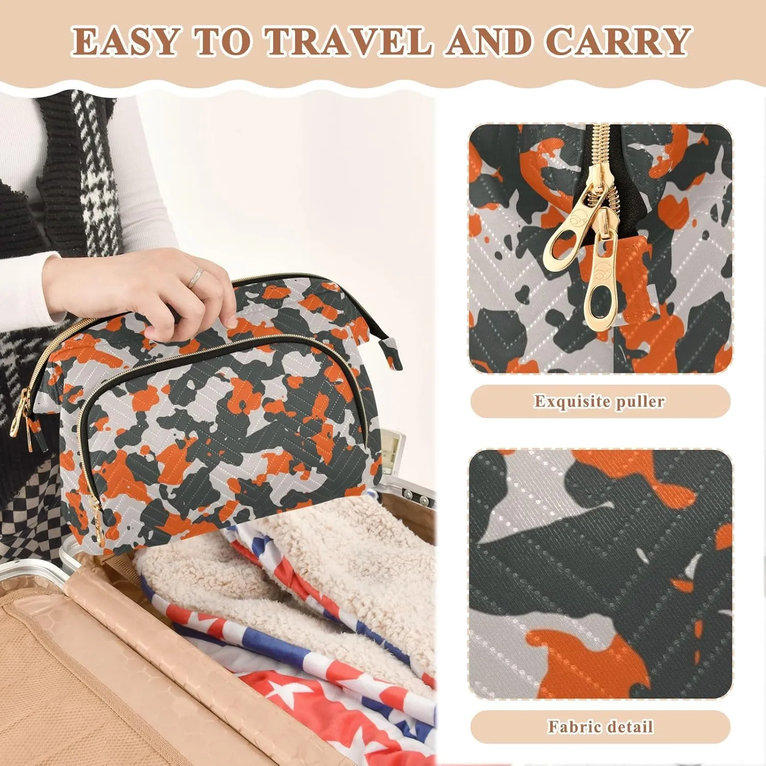 Women Wave Quilt Cosmetic Bag, Storage Pouch Handbag Makeup Case Zipper Toiletry Purse Holder Organizer 10.2x5.9x6.7 in Seamless Camo Black Gray and Orange Camouflage Pattern