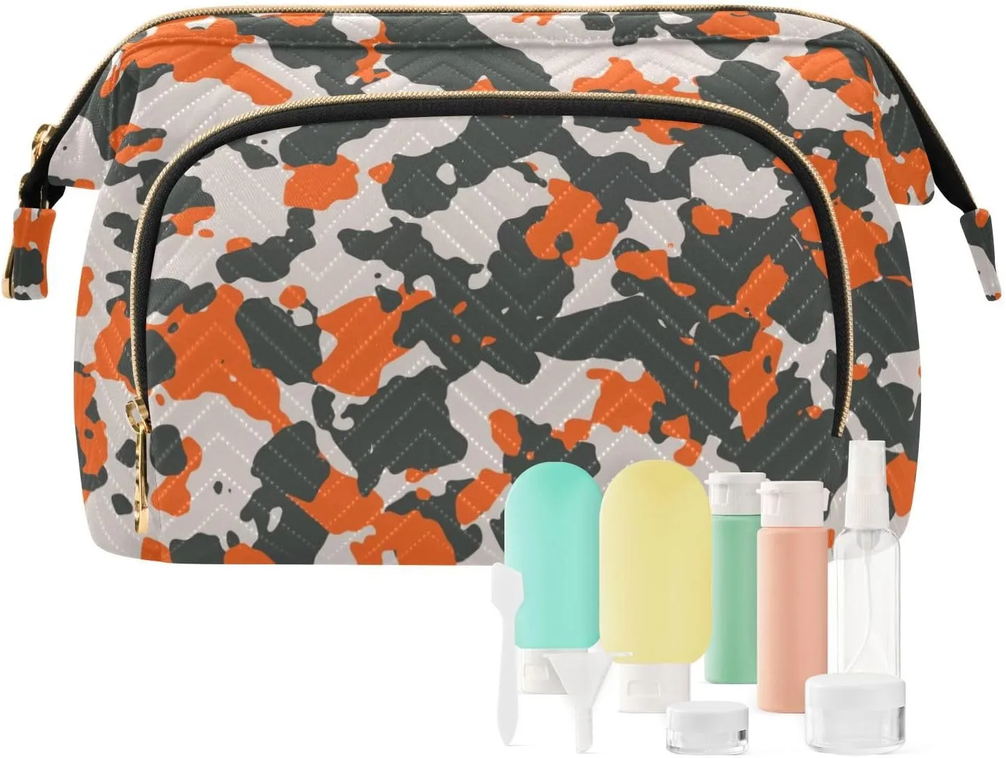 Women Wave Quilt Cosmetic Bag, Storage Pouch Handbag Makeup Case Zipper Toiletry Purse Holder Organizer 10.2x5.9x6.7 in Seamless Camo Black Gray and Orange Camouflage Pattern