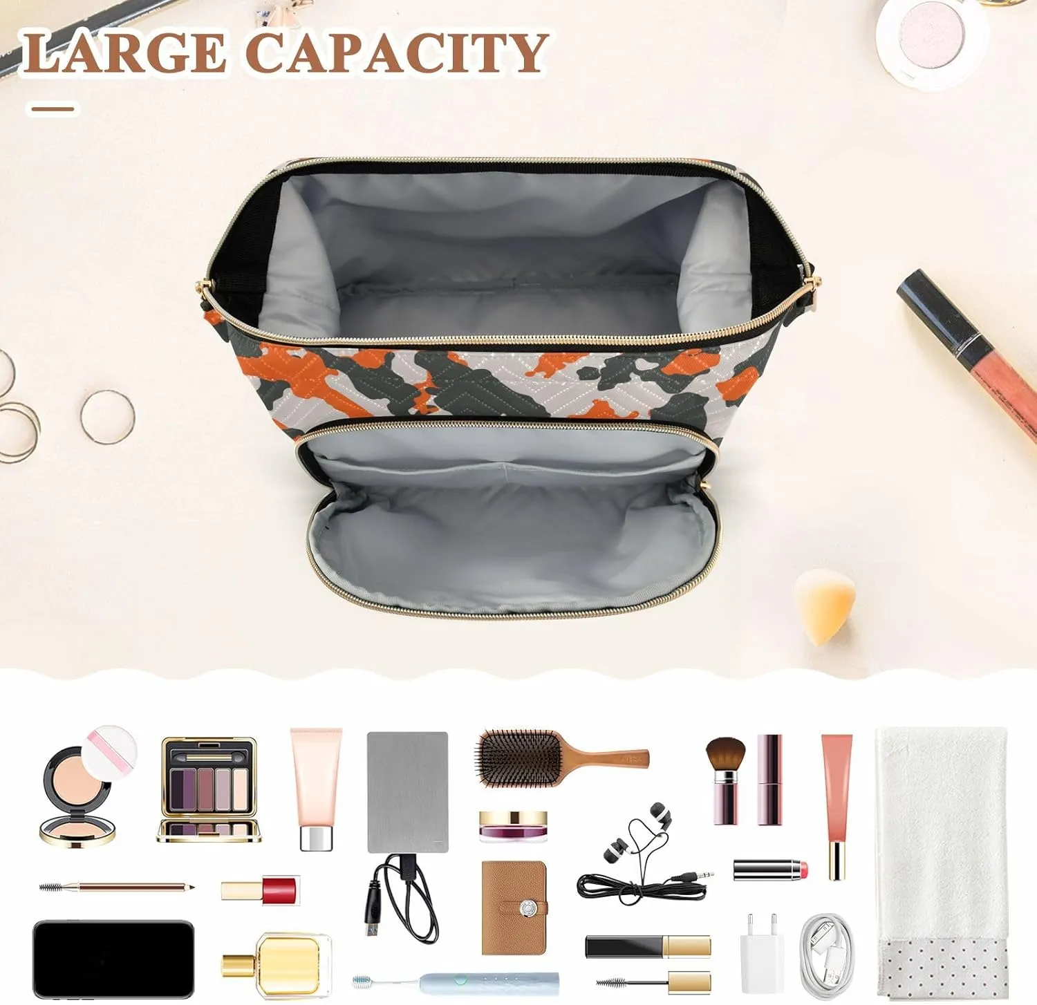 Women Wave Quilt Cosmetic Bag, Storage Pouch Handbag Makeup Case Zipper Toiletry Purse Holder Organizer 10.2x5.9x6.7 in Seamless Camo Black Gray and Orange Camouflage Pattern