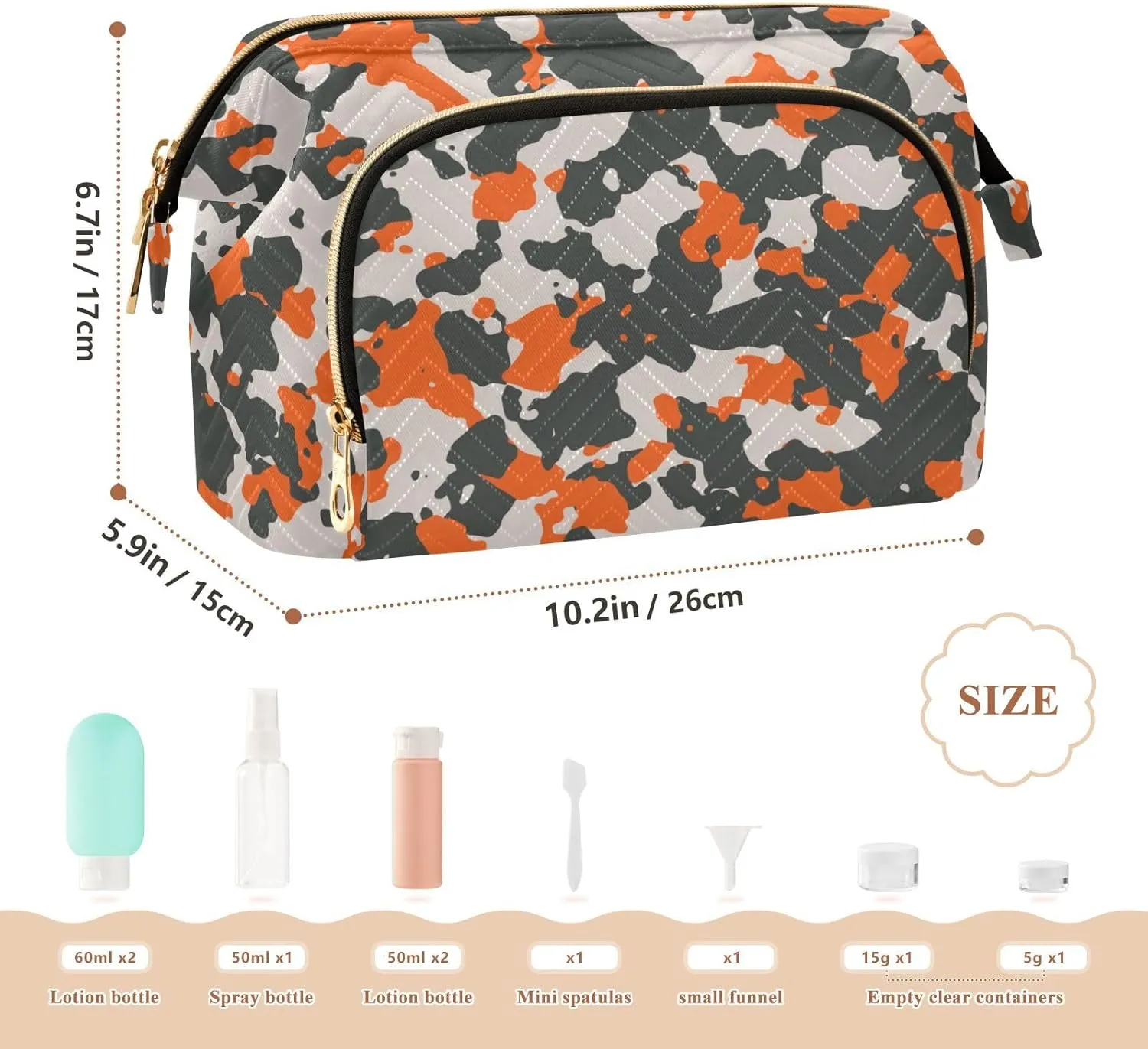 Women Wave Quilt Cosmetic Bag, Storage Pouch Handbag Makeup Case Zipper Toiletry Purse Holder Organizer 10.2x5.9x6.7 in Seamless Camo Black Gray and Orange Camouflage Pattern