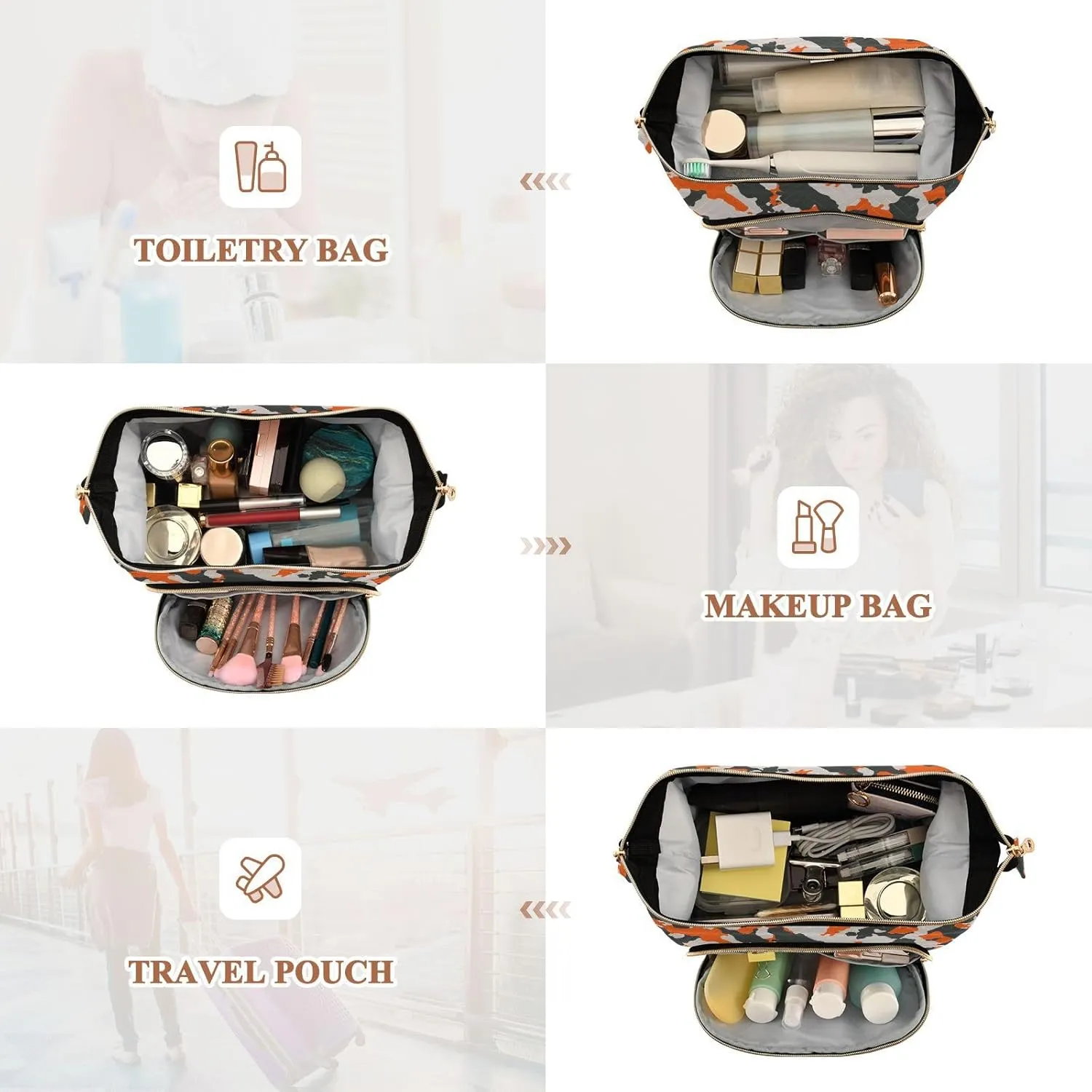 Women Wave Quilt Cosmetic Bag, Storage Pouch Handbag Makeup Case Zipper Toiletry Purse Holder Organizer 10.2x5.9x6.7 in Seamless Camo Black Gray and Orange Camouflage Pattern