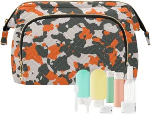 Women Wave Quilt Cosmetic Bag, Storage Pouch Handbag Makeup Case Zipper Toiletry Purse Holder Organizer 10.2x5.9x6.7 in Seamless Camo Black Gray and Orange Camouflage Pattern