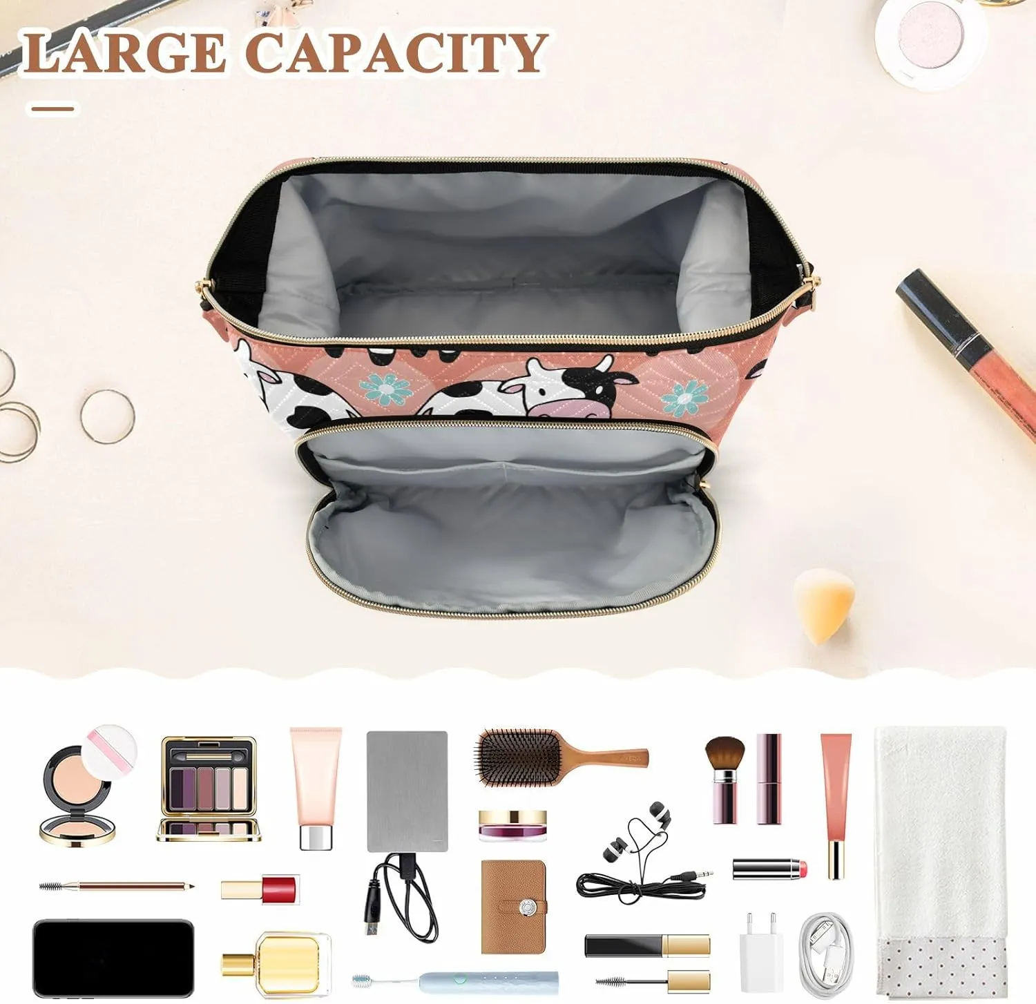 Women Wave Quilt Cosmetic Bag, Storage Pouch Handbag Makeup Case Zipper Toiletry Purse Holder Organizer 10.2x5.9x6.7 in Seamless Cartoon Pink Black White Cows on Flowers Circles Orange