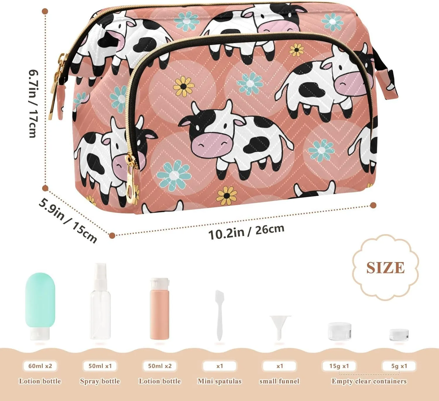 Women Wave Quilt Cosmetic Bag, Storage Pouch Handbag Makeup Case Zipper Toiletry Purse Holder Organizer 10.2x5.9x6.7 in Seamless Cartoon Pink Black White Cows on Flowers Circles Orange