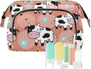 Women Wave Quilt Cosmetic Bag, Storage Pouch Handbag Makeup Case Zipper Toiletry Purse Holder Organizer 10.2x5.9x6.7 in Seamless Cartoon Pink Black White Cows on Flowers Circles Orange