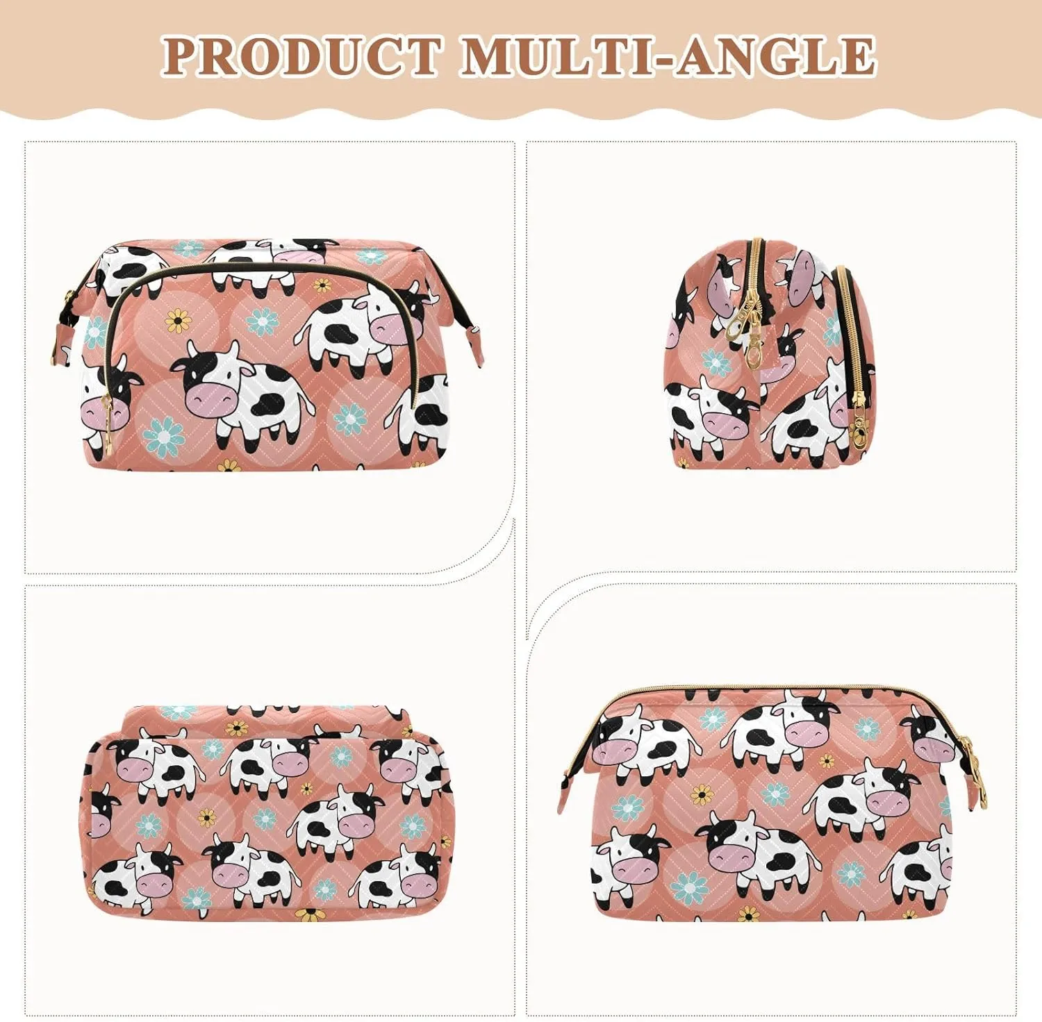 Women Wave Quilt Cosmetic Bag, Storage Pouch Handbag Makeup Case Zipper Toiletry Purse Holder Organizer 10.2x5.9x6.7 in Seamless Cartoon Pink Black White Cows on Flowers Circles Orange