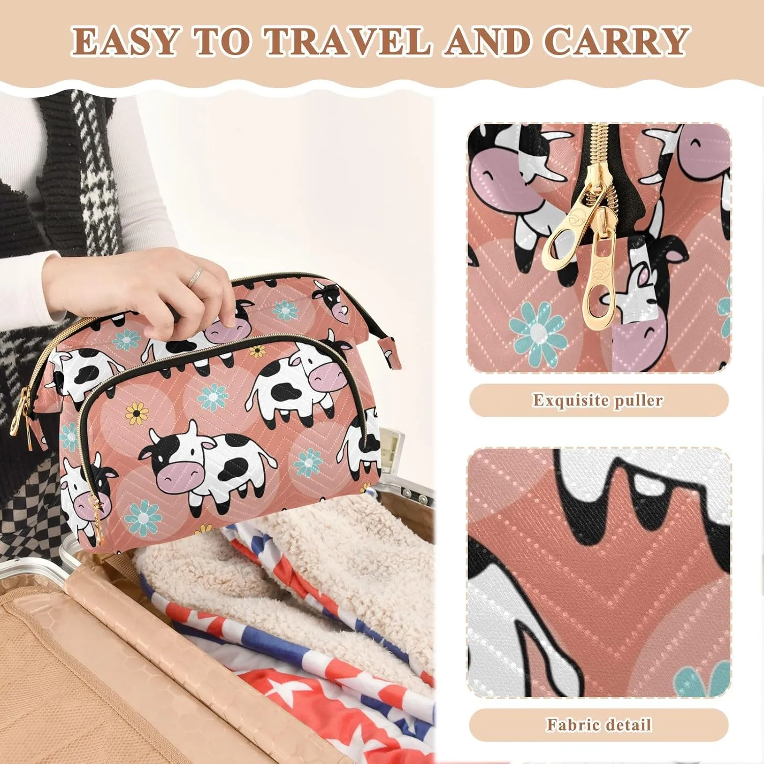 Women Wave Quilt Cosmetic Bag, Storage Pouch Handbag Makeup Case Zipper Toiletry Purse Holder Organizer 10.2x5.9x6.7 in Seamless Cartoon Pink Black White Cows on Flowers Circles Orange