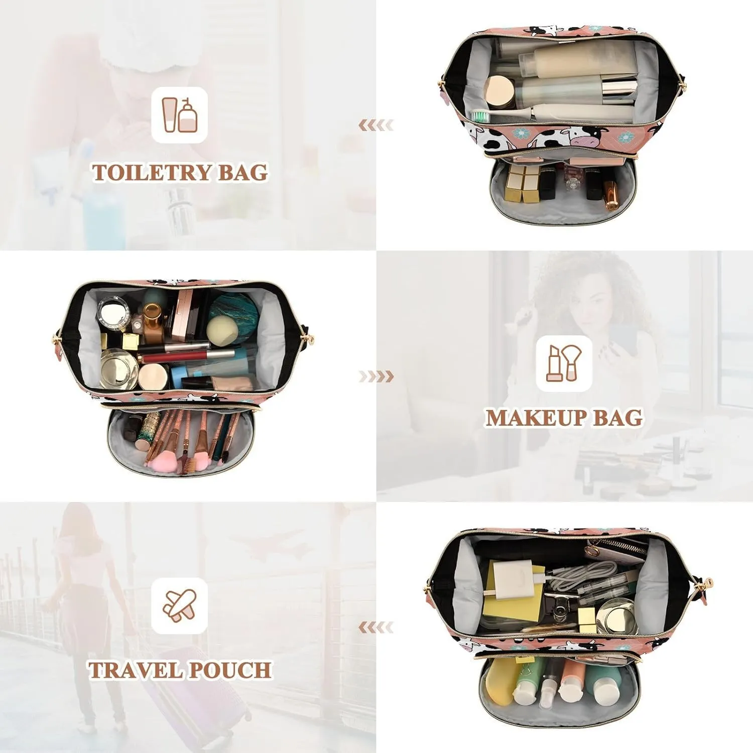 Women Wave Quilt Cosmetic Bag, Storage Pouch Handbag Makeup Case Zipper Toiletry Purse Holder Organizer 10.2x5.9x6.7 in Seamless Cartoon Pink Black White Cows on Flowers Circles Orange