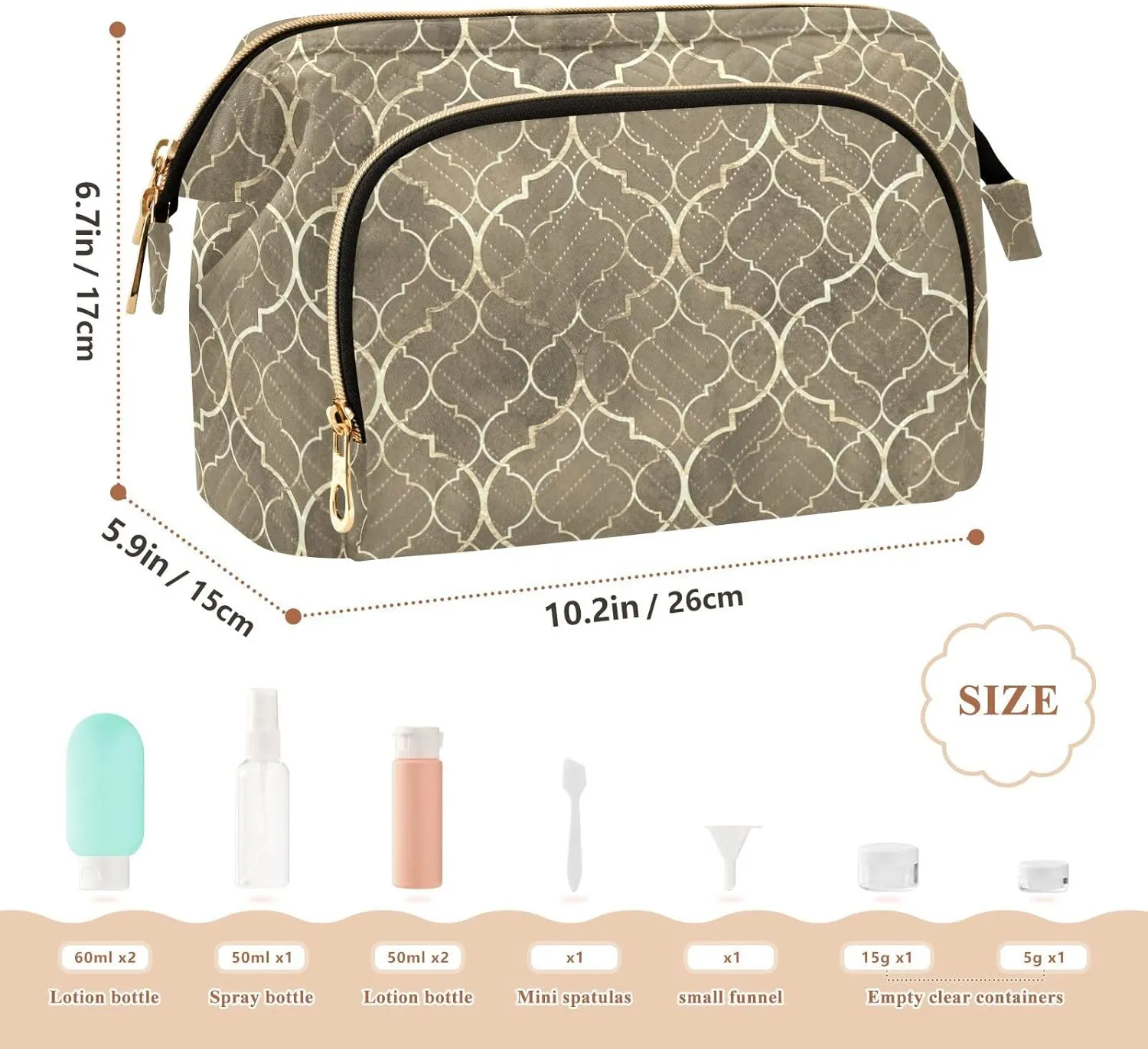 Women Wave Quilt Cosmetic Bag, Storage Pouch Handbag Makeup Case Zipper Toiletry Purse Holder Organizer 10.2x5.9x6.7 in Seamless Gold Golden Moroccan Tiles with Gold Geometric Lines
