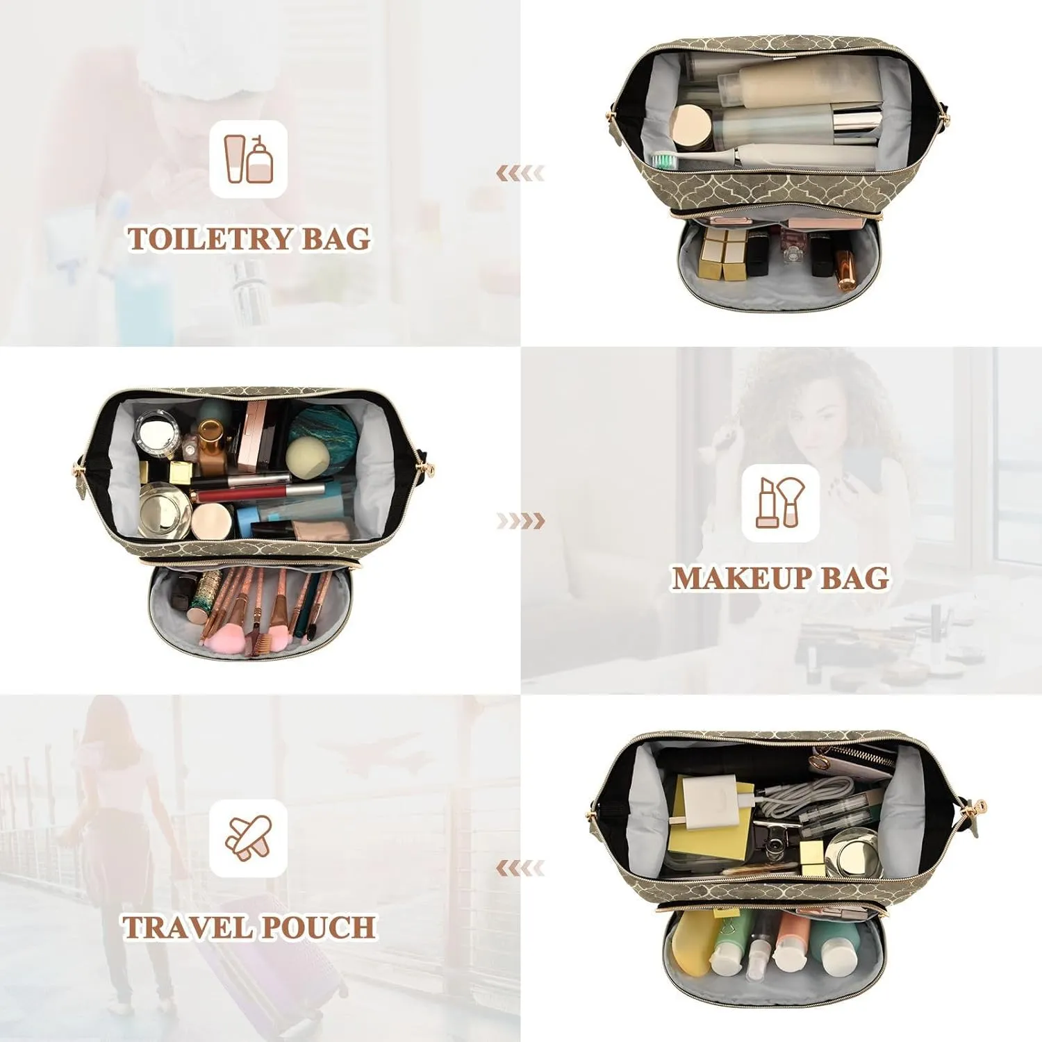 Women Wave Quilt Cosmetic Bag, Storage Pouch Handbag Makeup Case Zipper Toiletry Purse Holder Organizer 10.2x5.9x6.7 in Seamless Gold Golden Moroccan Tiles with Gold Geometric Lines