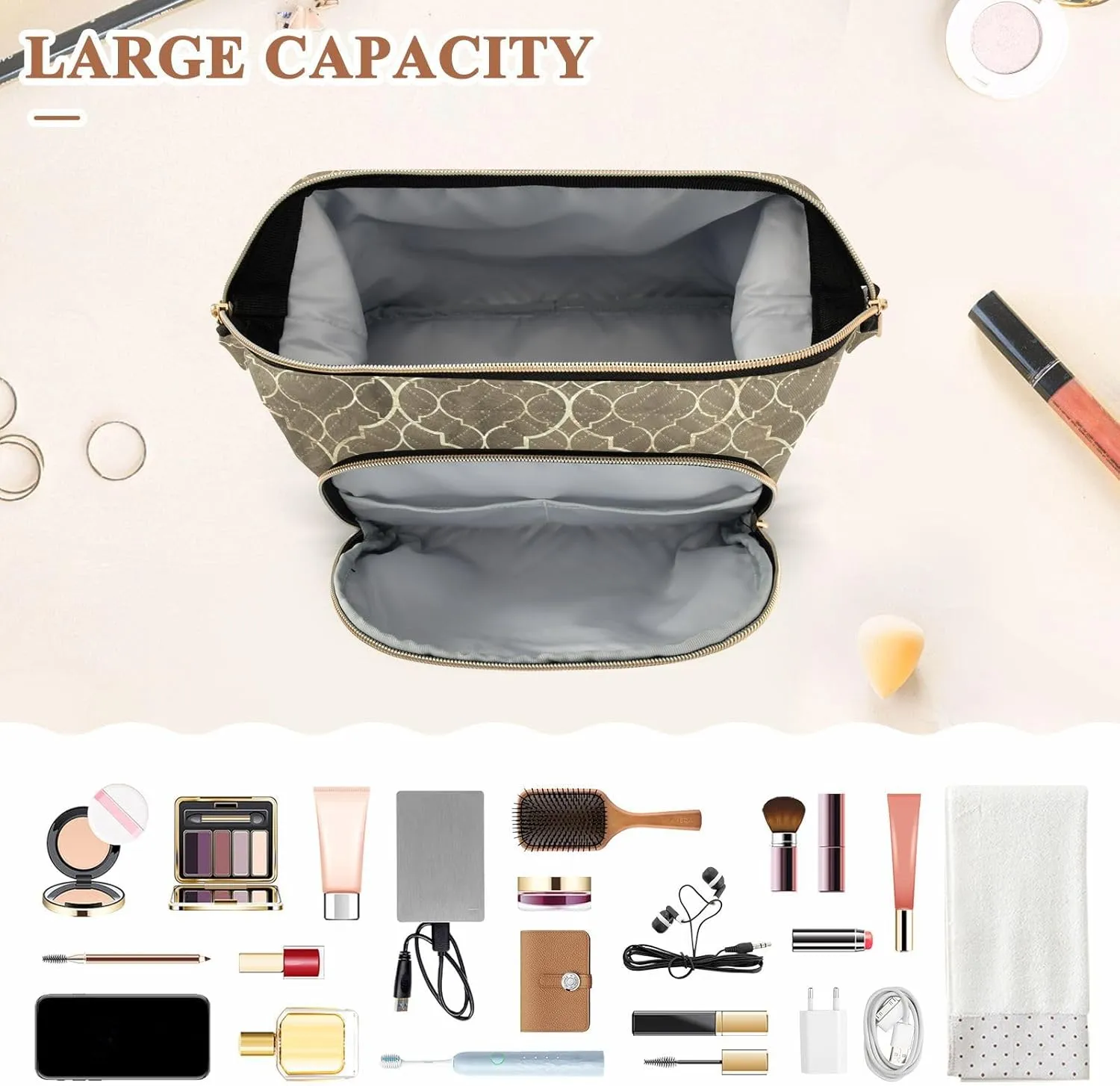 Women Wave Quilt Cosmetic Bag, Storage Pouch Handbag Makeup Case Zipper Toiletry Purse Holder Organizer 10.2x5.9x6.7 in Seamless Gold Golden Moroccan Tiles with Gold Geometric Lines