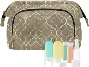 Women Wave Quilt Cosmetic Bag, Storage Pouch Handbag Makeup Case Zipper Toiletry Purse Holder Organizer 10.2x5.9x6.7 in Seamless Gold Golden Moroccan Tiles with Gold Geometric Lines