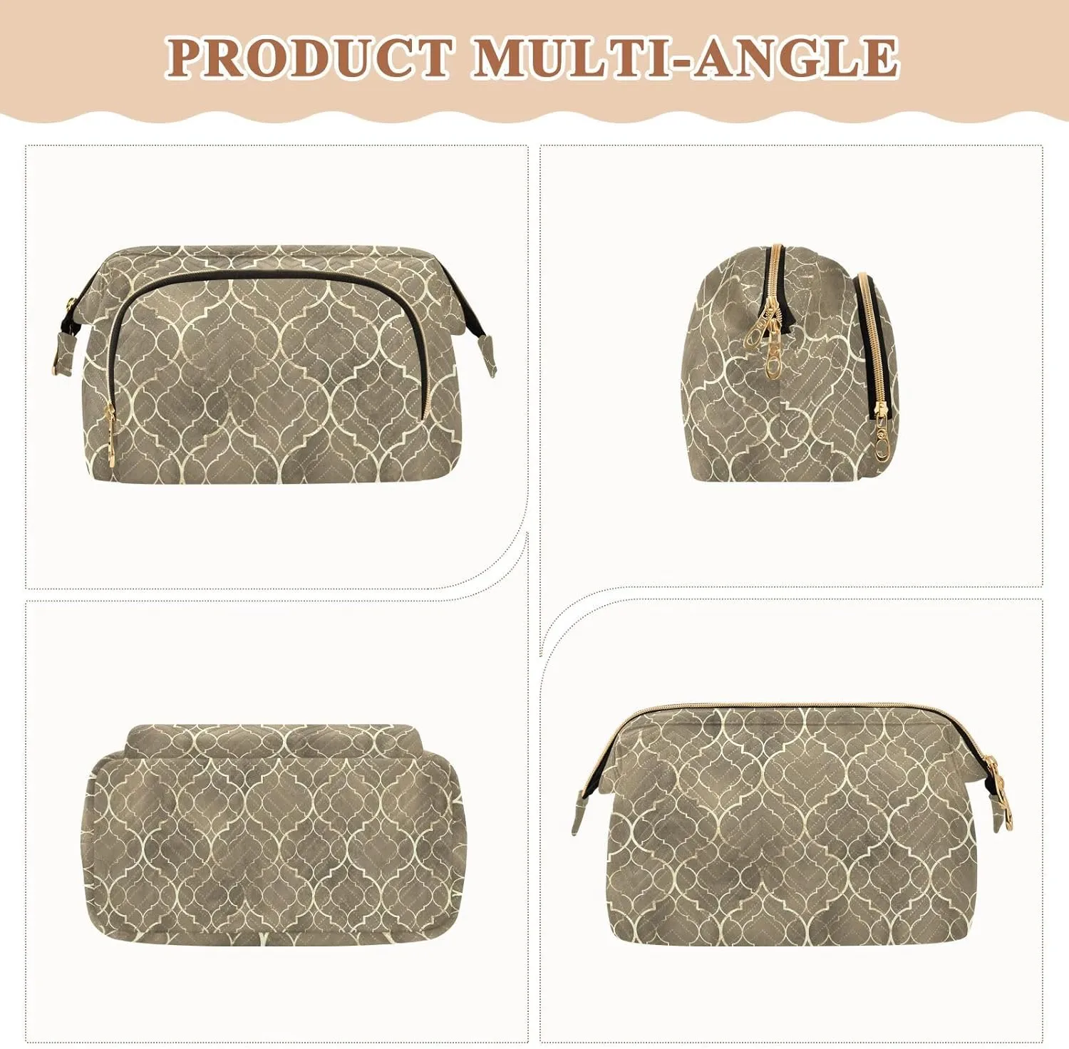 Women Wave Quilt Cosmetic Bag, Storage Pouch Handbag Makeup Case Zipper Toiletry Purse Holder Organizer 10.2x5.9x6.7 in Seamless Gold Golden Moroccan Tiles with Gold Geometric Lines