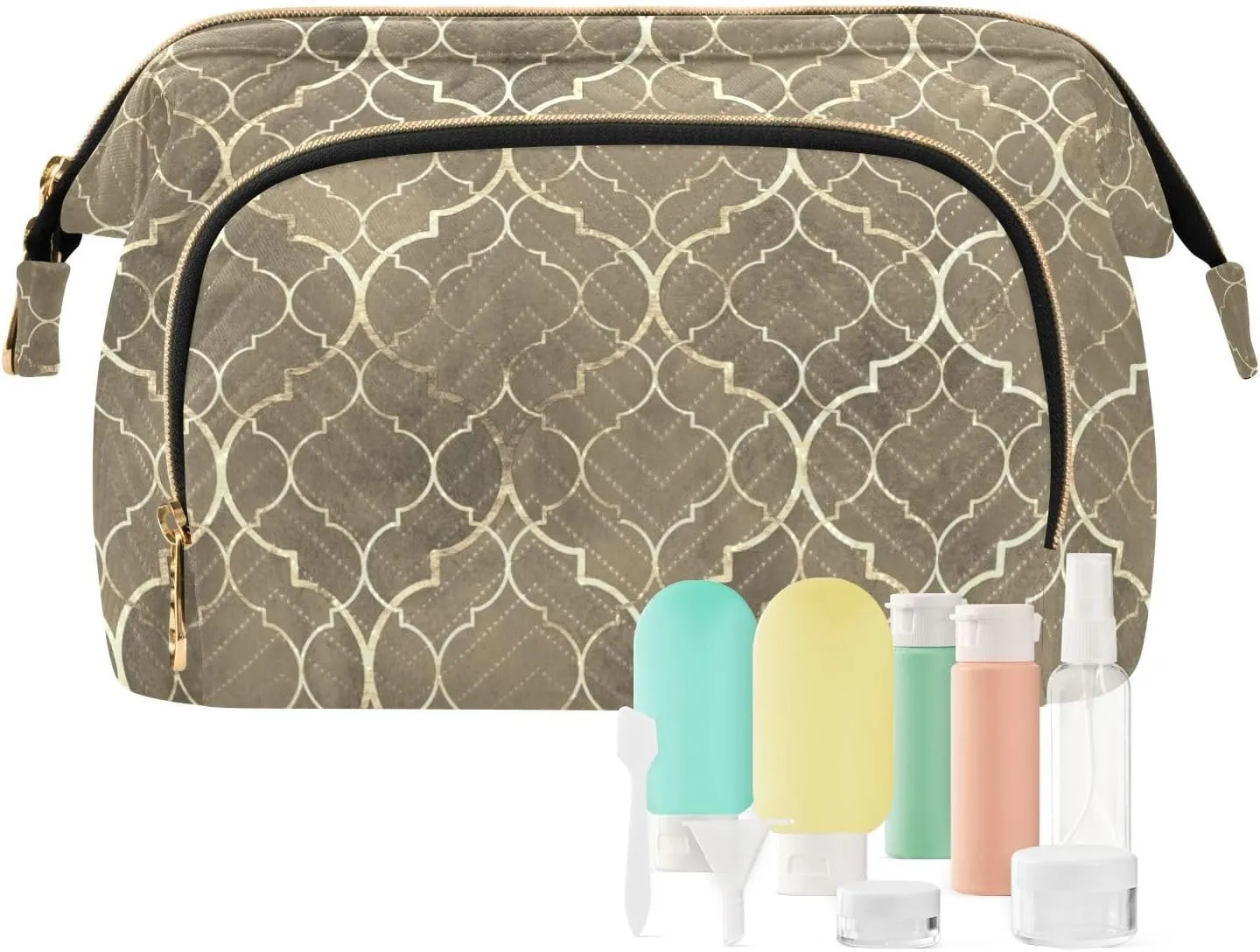 Women Wave Quilt Cosmetic Bag, Storage Pouch Handbag Makeup Case Zipper Toiletry Purse Holder Organizer 10.2x5.9x6.7 in Seamless Gold Golden Moroccan Tiles with Gold Geometric Lines